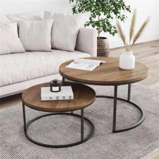 Wooden Top Nested Coffee Side Table with Black Frame