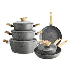 Grey 10 Pieces Granite Non-Stick Kitchen Cookware Pots Set with Glass Lid