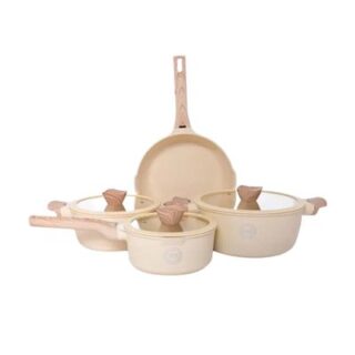 7 Pcs White Wood Granite Non-Stick Kitchen Cookware Pots Set with Glass Lid