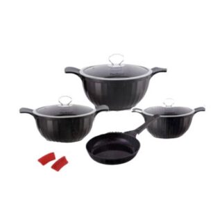 7 Pcs Haus Roland  Black Granite Non-Stick Cookware Pots Set with Glass Lid and Wooden Handle + Gifts