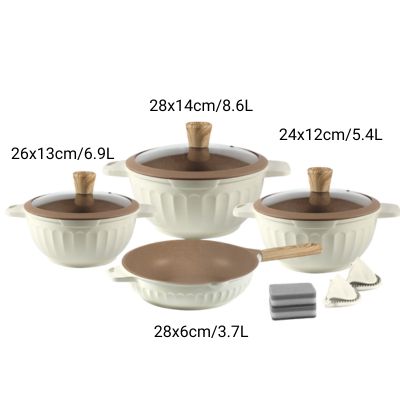china mall online shopping app German 7 Pcs White Wood Granite Non Stick Kitchen Cookware Pots Set with Glass Lid 4 7 Pcs Haus Roland White Granite Non-Stick Cookware Pots Set with Glass Lid and Wooden Handle + Gifts - Image 2