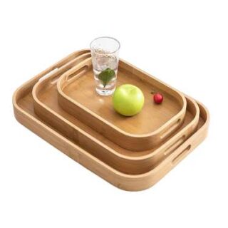 3 Pieces Bamboo Round Rectangle Wooden Serving Tray Set