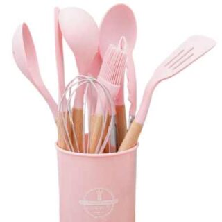 12Pieces Pink Silicone Kitchen Cooking Utensils, Whisker Set with Wooden Spoon Handler