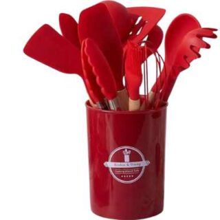 12Pieces Take Me Home Red Silicone Kitchen Cooking Utensils, Whisker Set with Wooden Spoon Handler 