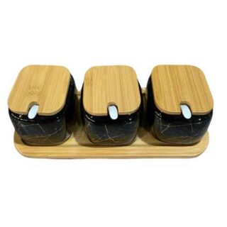Set of 3 Black Canisters Sugar Tea Coffee with Bamboo Base