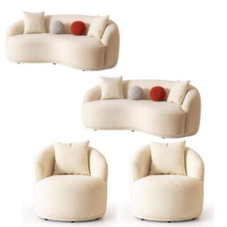 Modern 6 Seater White Curved Sofa - Boucle Fabric Couch