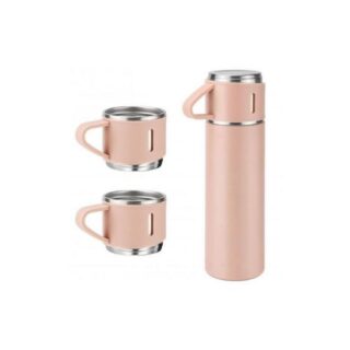 500ml Beige Stainless Steel Insulated Thermos Flask & 3 Cups