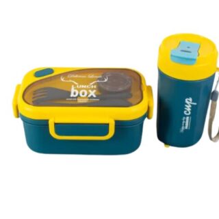 Yellow 1100ml Two-Compartment Lunch Box Bottle Spoon and Fork Set