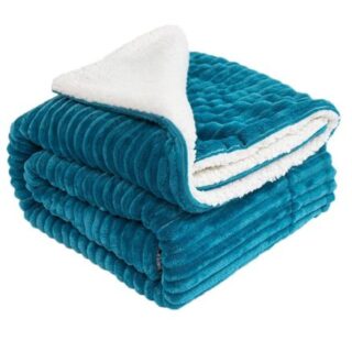 Ribbed Sherpa Flannel Blanket Fleece Throw Blue